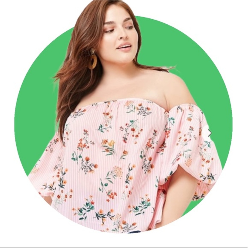Forever 21 Plus+ Floral Striped White Pink Off The Shoulder Top Size 2X